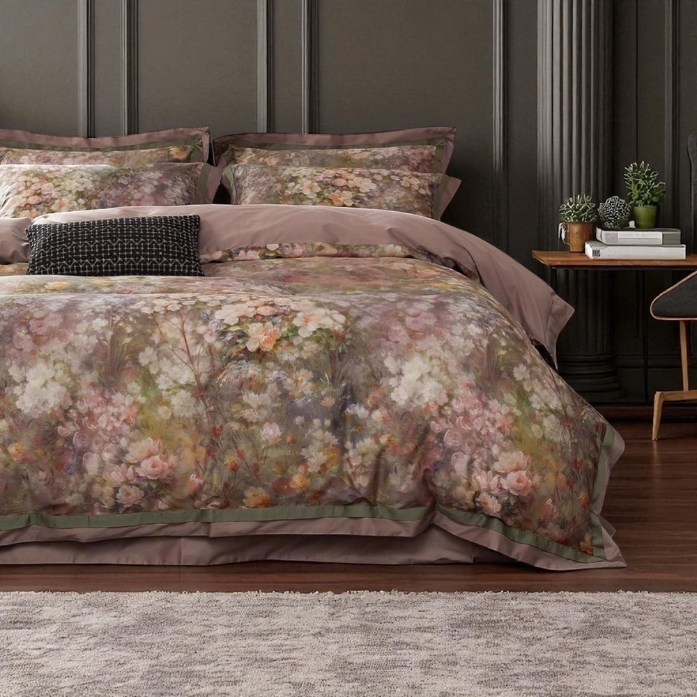 NEW Anthro Blush Pink Silk Floral Boho Cotton Queen King Bedding Duvet Sham Set